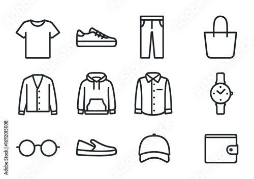 Minimalist Fashion Icons. Outline icon set of Minimalist Fashion: plain t-shirt, clean sneakers, straight
