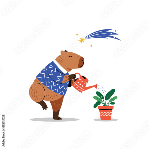 A capybara wearing a sweater waters a plant under a shooting star