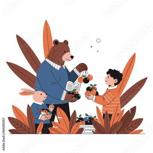 A wise bear teaches two children about growing plants and nature