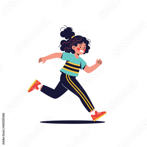 A happy energetic young girl with dark curly hair running fast outdoors in athletic clothing on a bright day