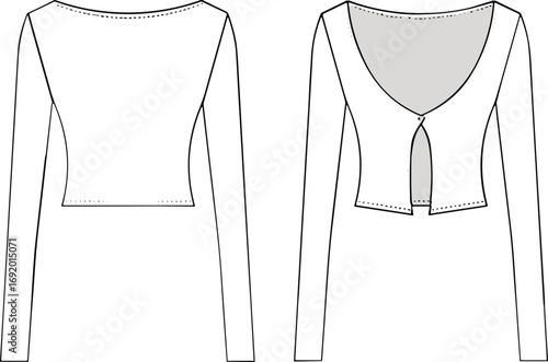 Technical flat sketch of women’s cropped cardigan top with front keyhole and long sleeves, front and back view, vector fashion design

📌