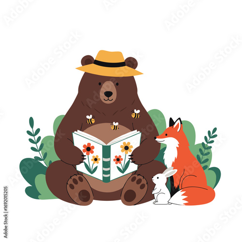 A bear and friends enjoying a wonderful story time together outdoors