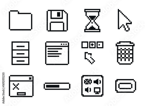 Retro Software Icons. Outline icon set of Old Software UI: pixel folder, floppy save, hourglass cursor, pixel