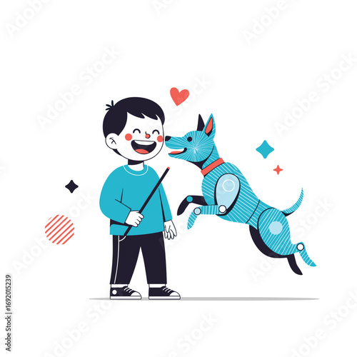 A joyful boy plays fetch with his energetic blue dog outdoors