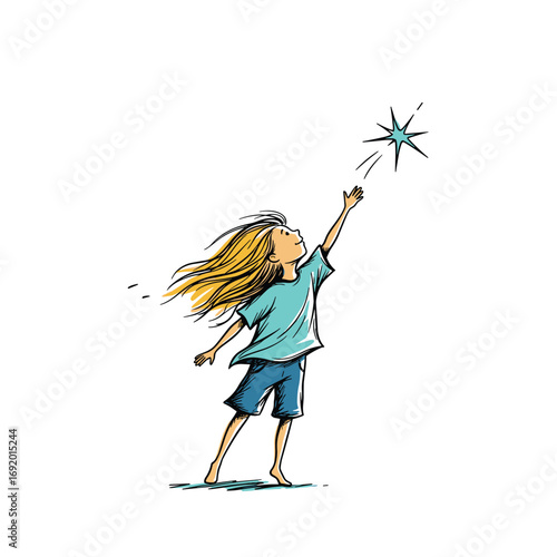 Young child with long flowing hair reaching up with her arm stretched out towards a bright blue star