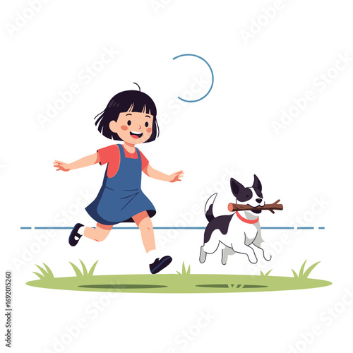 A cheerful girl wearing a blue dungaree runs with her dog fetching a stick in the park on a sunny day