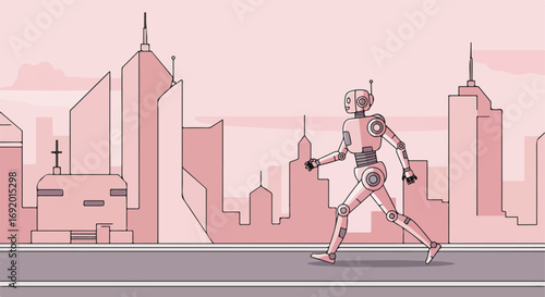 Robot strolling in a stylized city with pink hues