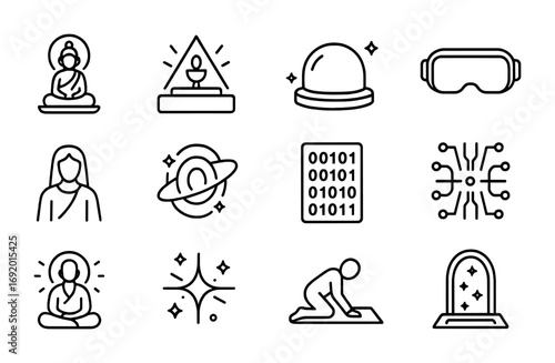 AR Sacred Icons. Outline icon set of AR sacred spaces: holographic shrine, projection altar, glowing dome, AR