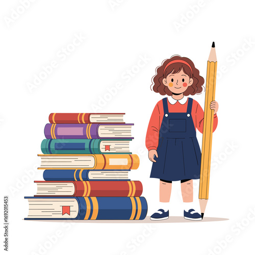 A young student stands proudly beside a tall stack of books holding a giant pencil ready to learn and create wonderful stories
