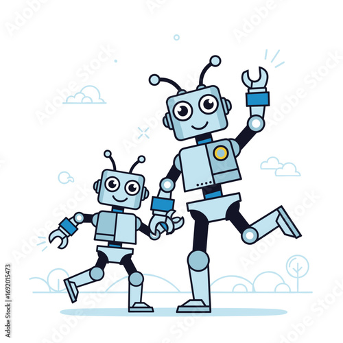 Two happy little robots holding hands and dancing joyfully together