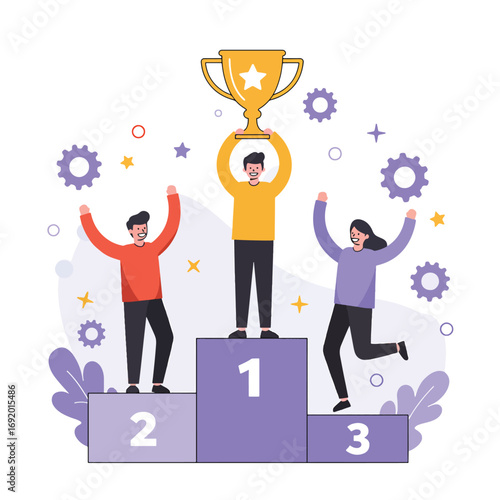 Three People Celebrating Victory on a Podium.