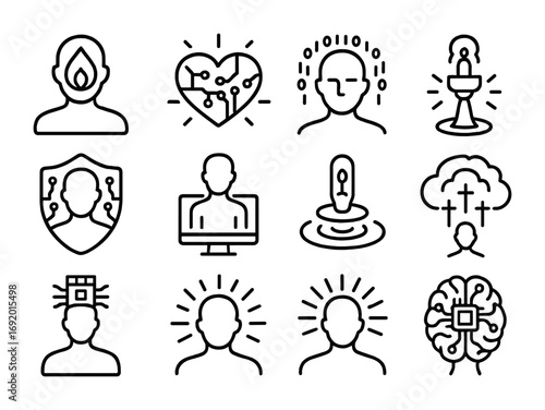 Futuristic Spiritual Icons. Outline icon set of Post-human spirituality: avatar soul, glowing circuit heart,