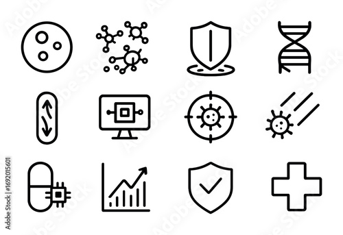 Immune System Icons. Outline icon set of Immune system boosters: white blood cell, nanobot swarm, holographic