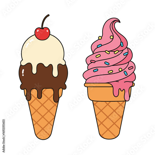 Two Delicious Ice Cream Cones with Toppings