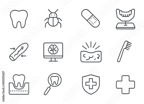 Micro-Robotics in Dentistry. Outline icon set of Micro-robot assisted dentistry: tooth outline, dental nanobot