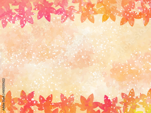 秋の紅葉のイメージの背景素材。水彩風テクスチャー。紅葉の葉っぱのシルエット。かわいい色調。秋色の背景色。ふんわりした光の輝き。広いコピースペース。