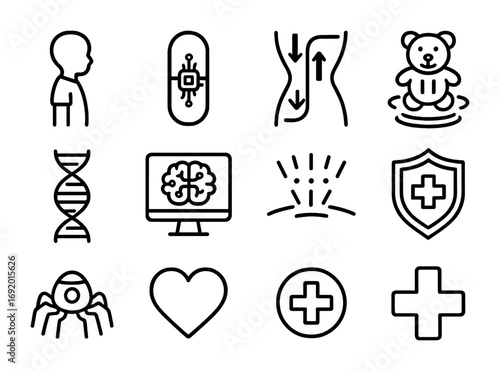 Pediatric Nanobots Icon Set. Outline icon set of Pediatric nanobots: child silhouette, capsule chip,