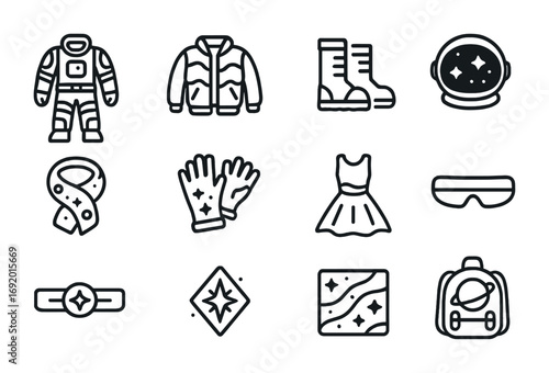 Space Fashion Icons. Outline icon set of Space fashion: astronaut suit, holographic jacket, zero-G boots,