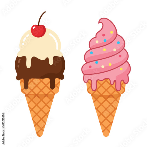 Two Delicious Ice Cream Cones with Toppings.