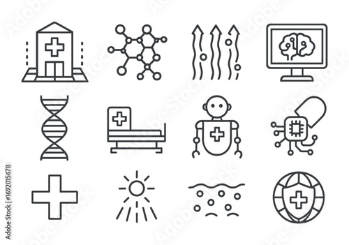 Futuristic Medical Icons. Outline icon set of Future hospitals with nanotech: holographic building, nanobot