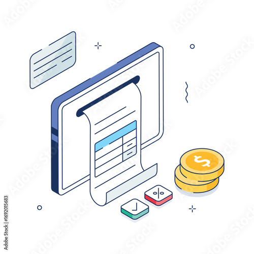 An isometric illustration showcasing a digital receipt being printed.