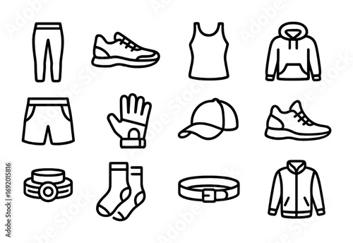 Zero-G Activewear Icons. Outline icon set of Zero-G activewear: radiant leggings, cosmic sneakers, orbit tank