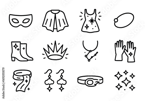 Cosmic Festival Icon Set. Outline icon set of Cosmic festival wear: holographic mask, radiant cape, glowing