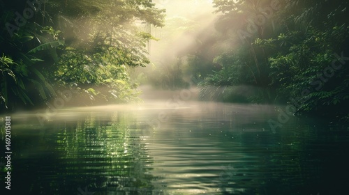 Misty river in lush jungle