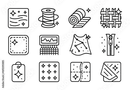 Holographic Fabric Icons. Outline icon set of Holographic fabrics: glowing swatch, orbit thread, radiant roll,