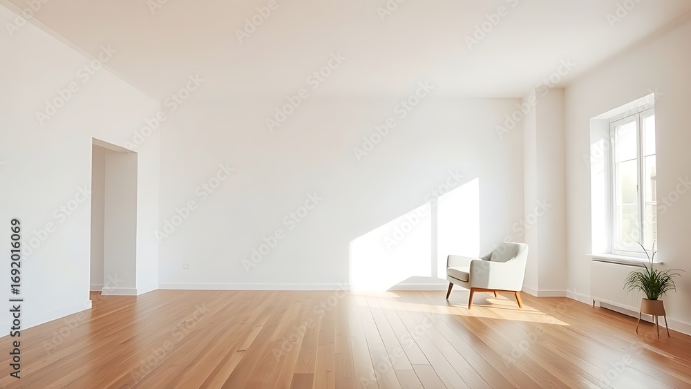 Obraz premium Minimalist living room with clean white walls and warm wood flooring, featuring mid-century modern furniture and soft natural light.
