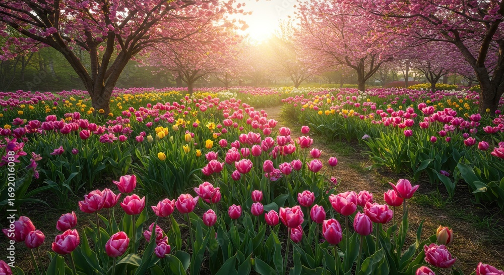 Naklejka premium Vibrant tulip garden with blossoming cherry trees sunlight illuminating the path creating a picturesque spring scene