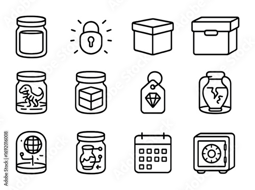 Plastic Time Capsules. Outline icon set of Plastic time capsules: sealed container, glowing lock, archive box,