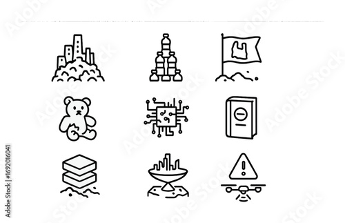 Waste Civilization Icons. Outline icon set of Waste civilizations: landfill city, tower of bottles, fossilized