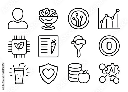 AI Meal Icon Set. Outline icon set of Personalized meal AI: profile avatar, holographic salad, circuit plate,
