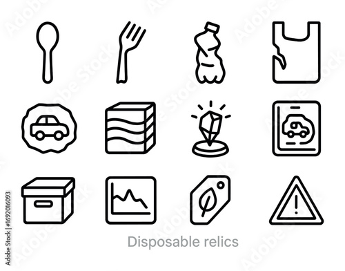 Disposable Relics Icons. Outline icon set of Disposable relics: plastic spoon, broken fork, crushed bottle,