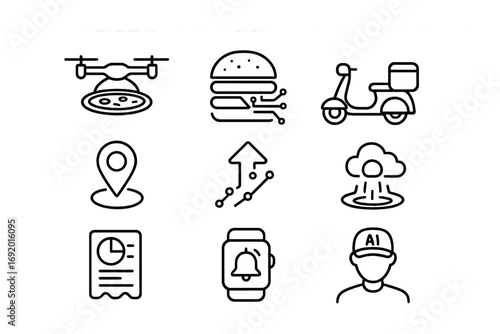 AI Food Delivery Icons. Outline icon set of AI food delivery: drone with pizza, circuit burger, delivery