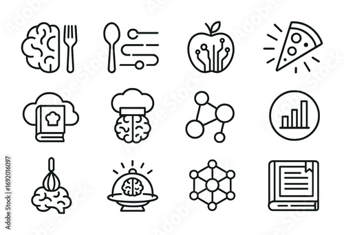Food AI Icons. Outline icon set of Food neural networks: AI brain with fork, data spoon, circuit apple,