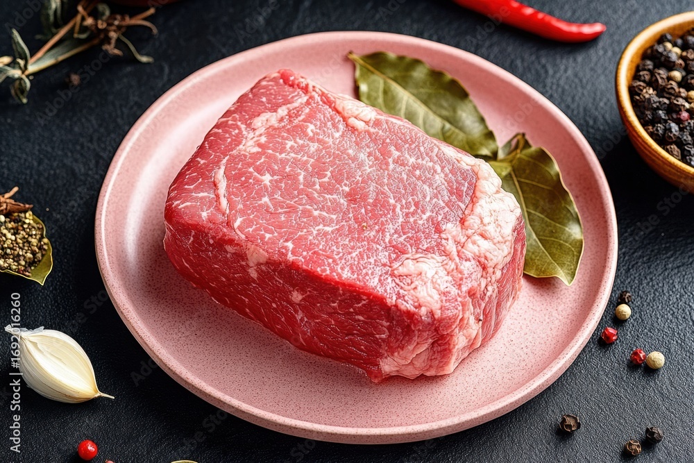 Fototapeta premium Piece raw meat pink plate appears to be Frozen