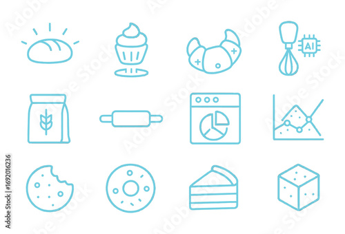 Neural Bakery Icons. Outline icon set of Neural bakery: glowing bread, holographic cupcake, digital croissant,