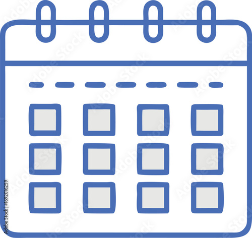 Blue Outline Calendar Icon with Grid of Squares and Top Bar on White Background date schedule style vector illustration EPS file download