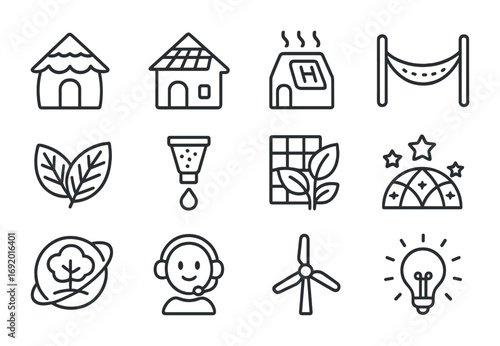 Eco Lodge Icons. Outline icon set of Bio-lodges: eco hut, solar roof, holographic window, digital hammock,