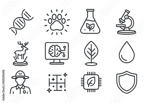 Wildlife Preservation Icons. Outline icon set of Wildlife preservation labs: DNA strand, glowing paw, eco