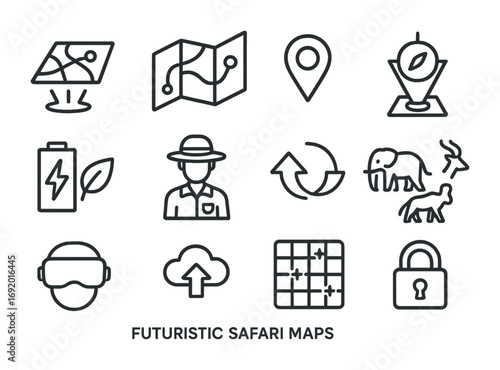 Futuristic Safari Icon Set. Outline icon set of Futuristic safari maps: holographic map, glowing path, GPS pin