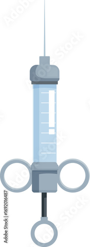 Metallic medical syringe with graduated cylinder, thin needle, and two finger rings ensuring a secure and comfortable grip during injections