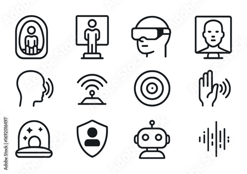 Telepresence Icon Set. Outline icon set of Telepresence pods: immersive capsule, holographic avatar, VR visor,