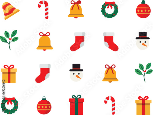 Collection of flat design Christmas icons including gifts, stockings, bells, and snowman on white background style vector illustration EPS file download