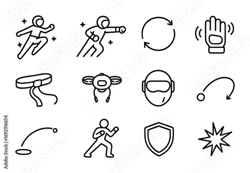 Cosmic Martial Arts Icons. Outline icon set of Cosmic martial arts: floating kick, zero-G punch, rotation