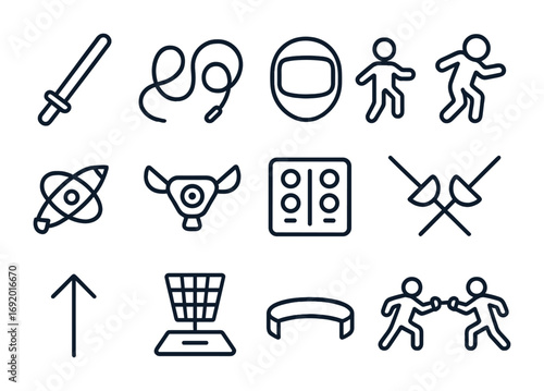 Space Fencing Icons. Outline icon set of Space fencing: glowing sword, tether cord, helmet visor, floating
