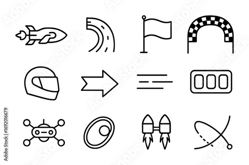 Zero-G Racing Icons. Outline icon set of Zero-G racing: rocket bike, magnetic track, floating flag, curved