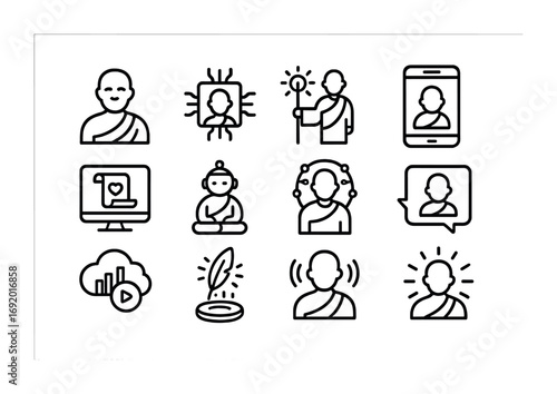 Monastic AI Icons. Outline icon set of Monastic AI mentors: avatar monk, wisdom chip, glowing staff, teaching
